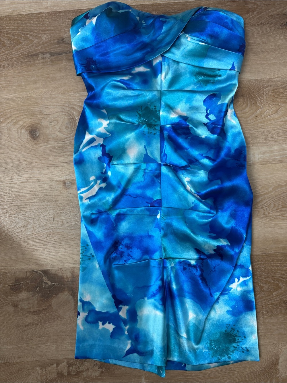 Strapless Blue Watercolor Print Sheath Dress